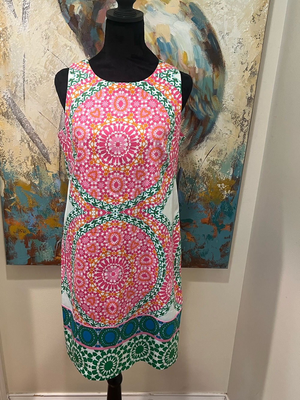 London Times Sleeveless Shift Dress Pink Green Medallion Print US 8 - Picture 4 of 16
